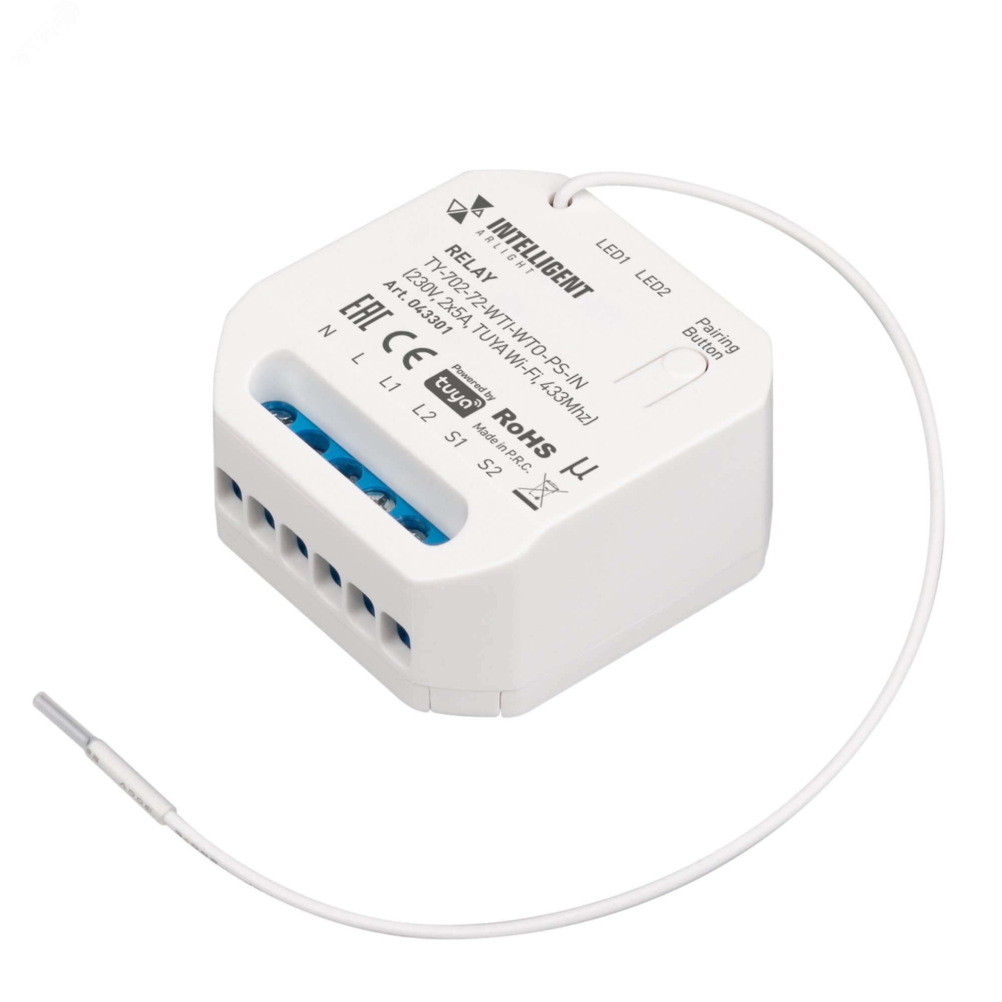 Изображение товара Модуль релейный INTELLIGENT ARLIGHT TY-702-72-WTI-WTO-PS-IN (230V, 2x5A, TUYA Wi-Fi, 433Mhz) (IARL, IP20 пластик, 3 года) (шт)