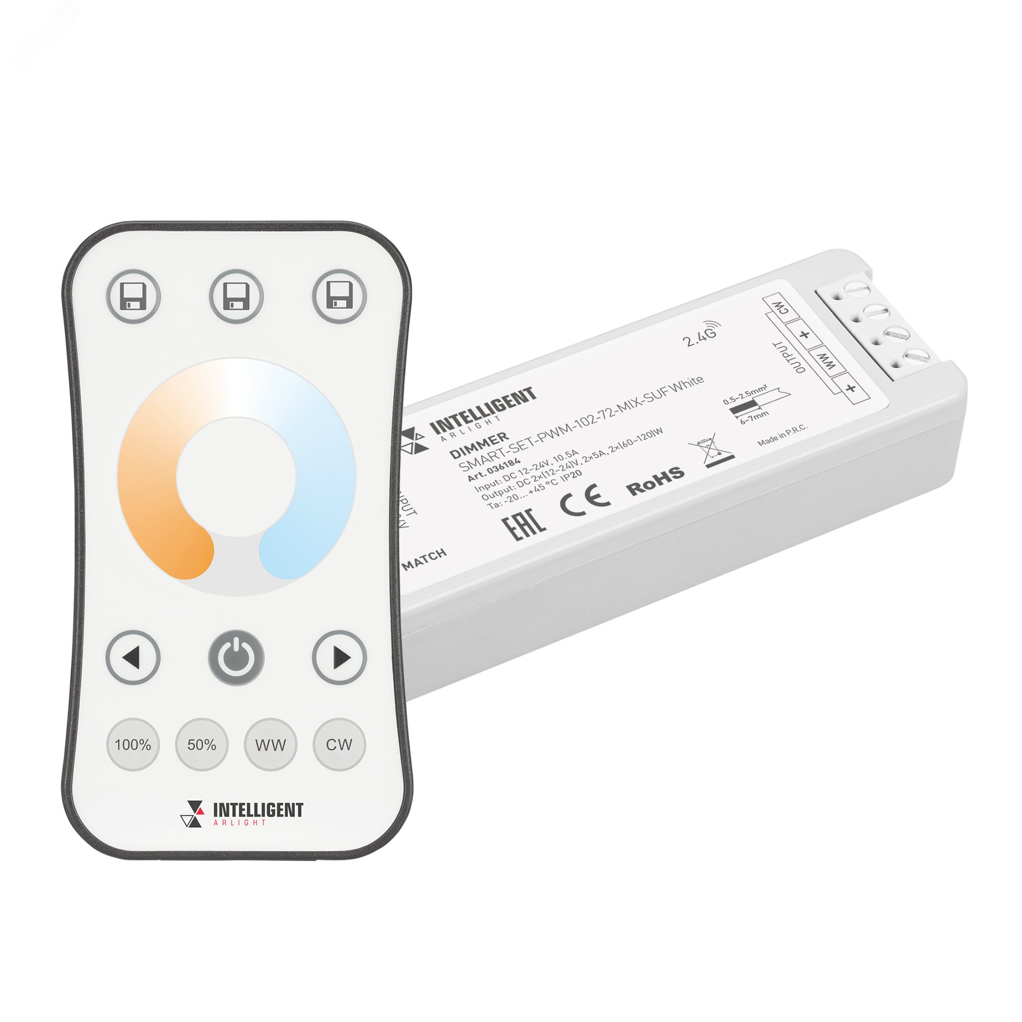 Изображение товара Диммер INTELLIGENT SMART-SET-PWM-102-72-MIX-SUF White (12-24V, 2x5A, ПДУ RING 10кн, 2.4G) (IARL, IP20 Пластик, 5 лет) (шт)