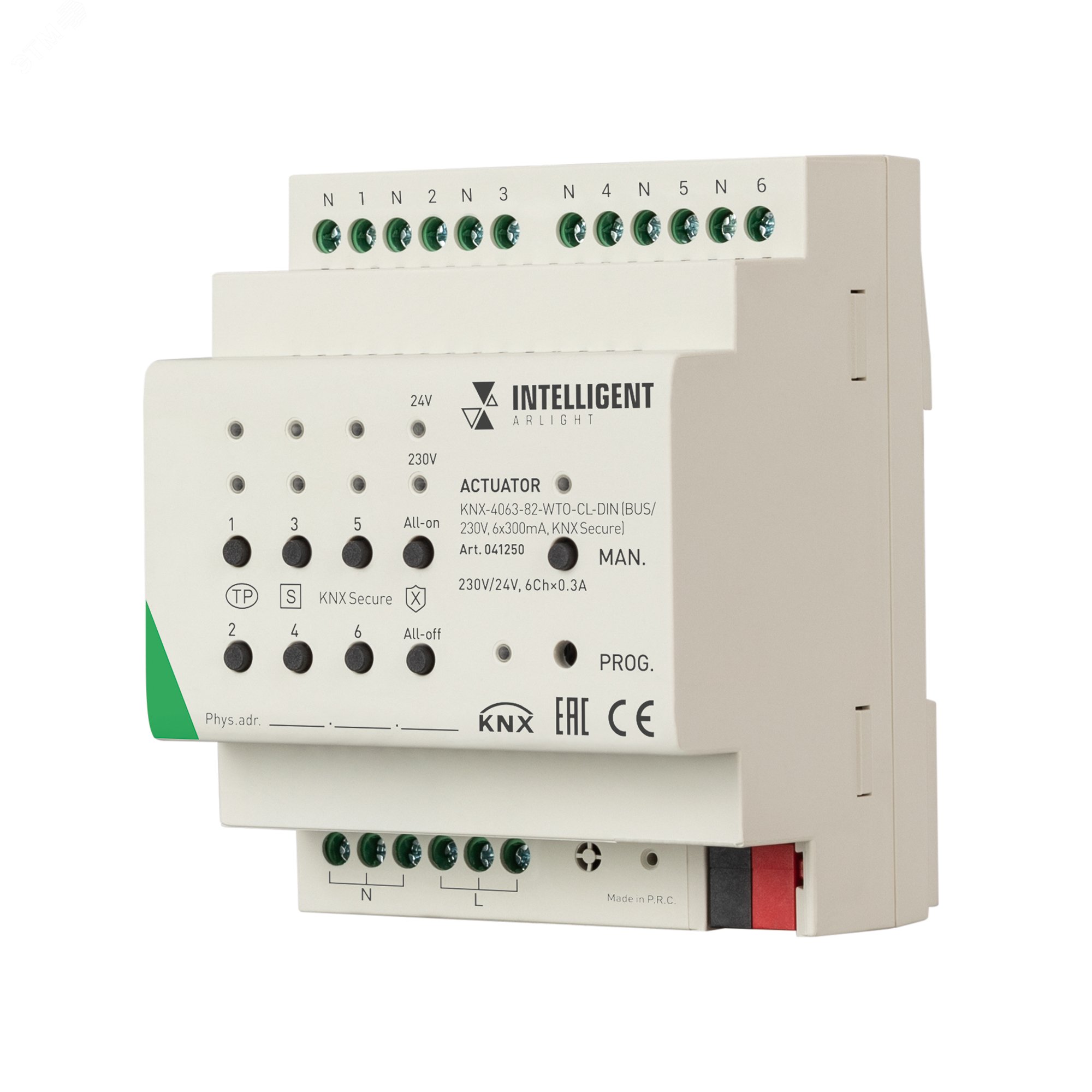 Изображение товара Актуатор INTELLIGENT ARLIGHT KNX-4063-82-WTO-CL-DIN (BUS/230V, 6x300mA, KNX Secure) (IARL, IP20 пластик, 2 года) (шт)