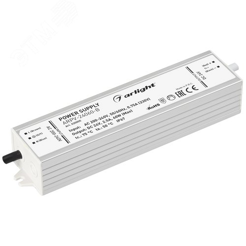 Изображение товара Блок питания ARPV-24060-B (24V, 2.5A, 60W) (ARL, IP67 Металл, 3 года) (шт)