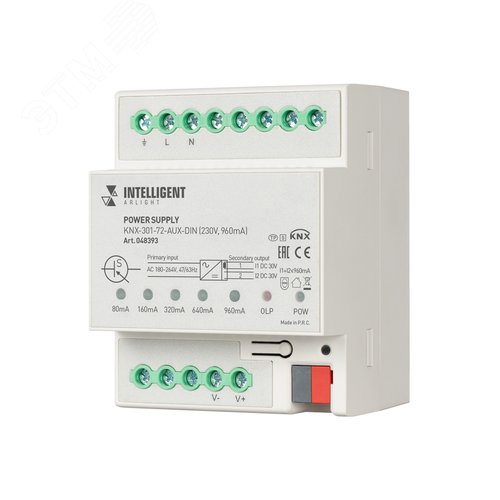 Изображение товара Блок питания шины 230 V 960 mA IARL IP20 пластик 2 года KNX-301-72-AUX-DIN INTELLIGENT (шт)