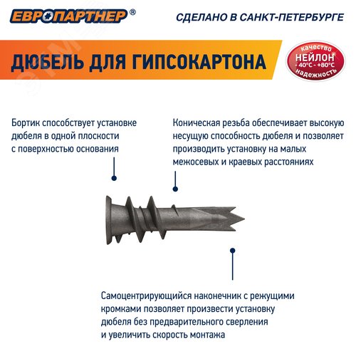 Дюбель для двойного гипсокартона 14х39 нейлон с шурупом 4.5х35 (50 шт) - фото 2