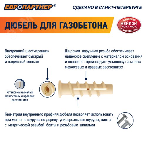 Дюбель для газобетона 10х50 нейлон (60 шт) (для винта М6) - фото 3