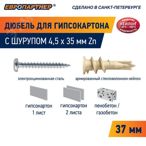 Дюбель для гипсокартона 14х39 нейлон с шурупом 4.5х35 (100 шт) - фото 3