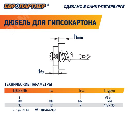 Дюбель для гипсокартона 14х39 нейлон с шурупом 4.5х35 (100 шт) - фото 6