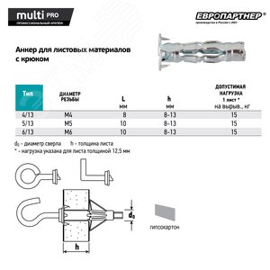 Анкер для листовых материалов с крюком MULTI PRO оцинкованный 4/13 мм (2 шт.) MPR 0374 Европартнер - 4