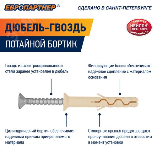 Дюбель-гвоздь 6х60 нейлон потайной бортик (100 шт) - фото 5