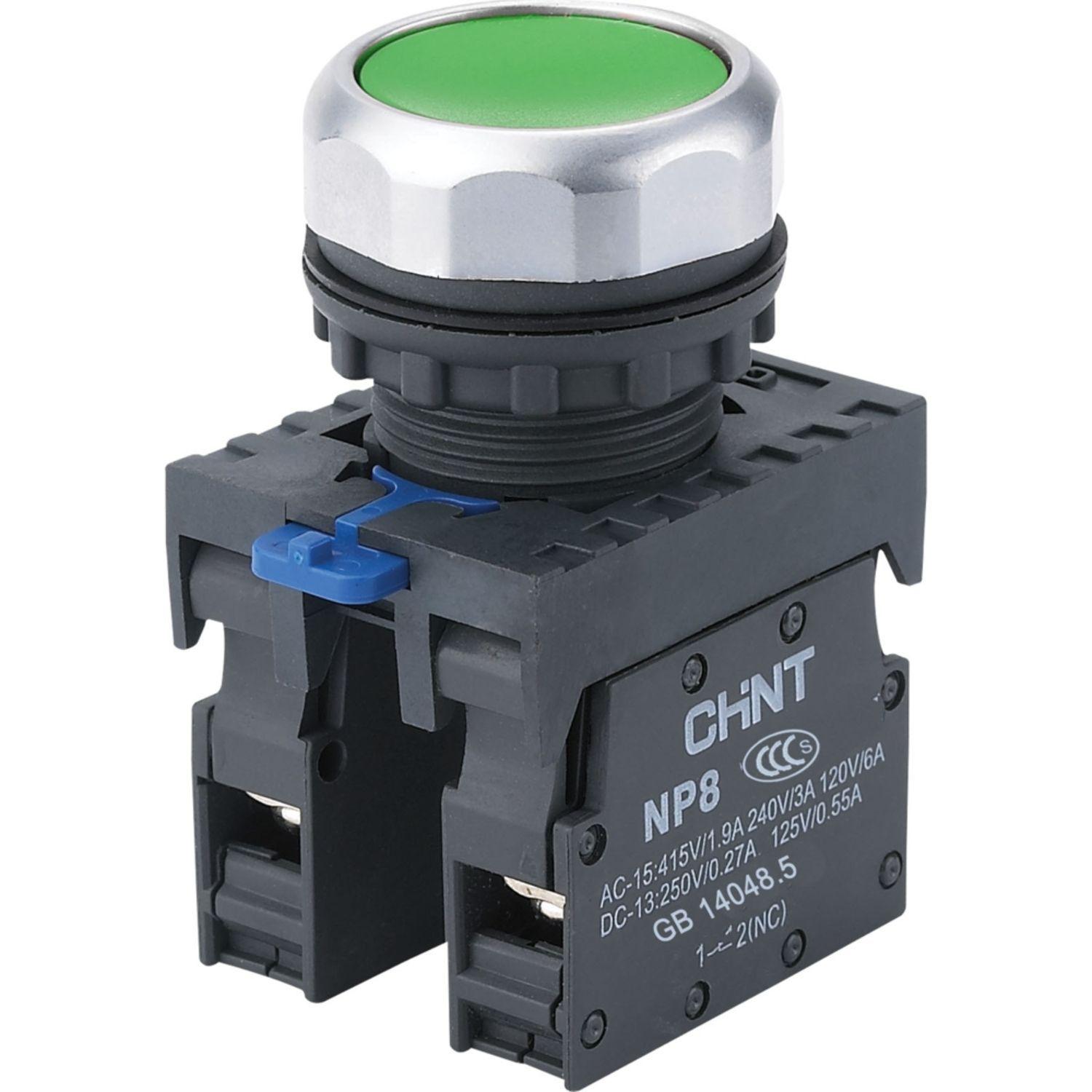 Кнопка NP8-11BN/3 без подсветки, самовозвратом, зеленая, 1НО+1НЗ, IP65 (R)