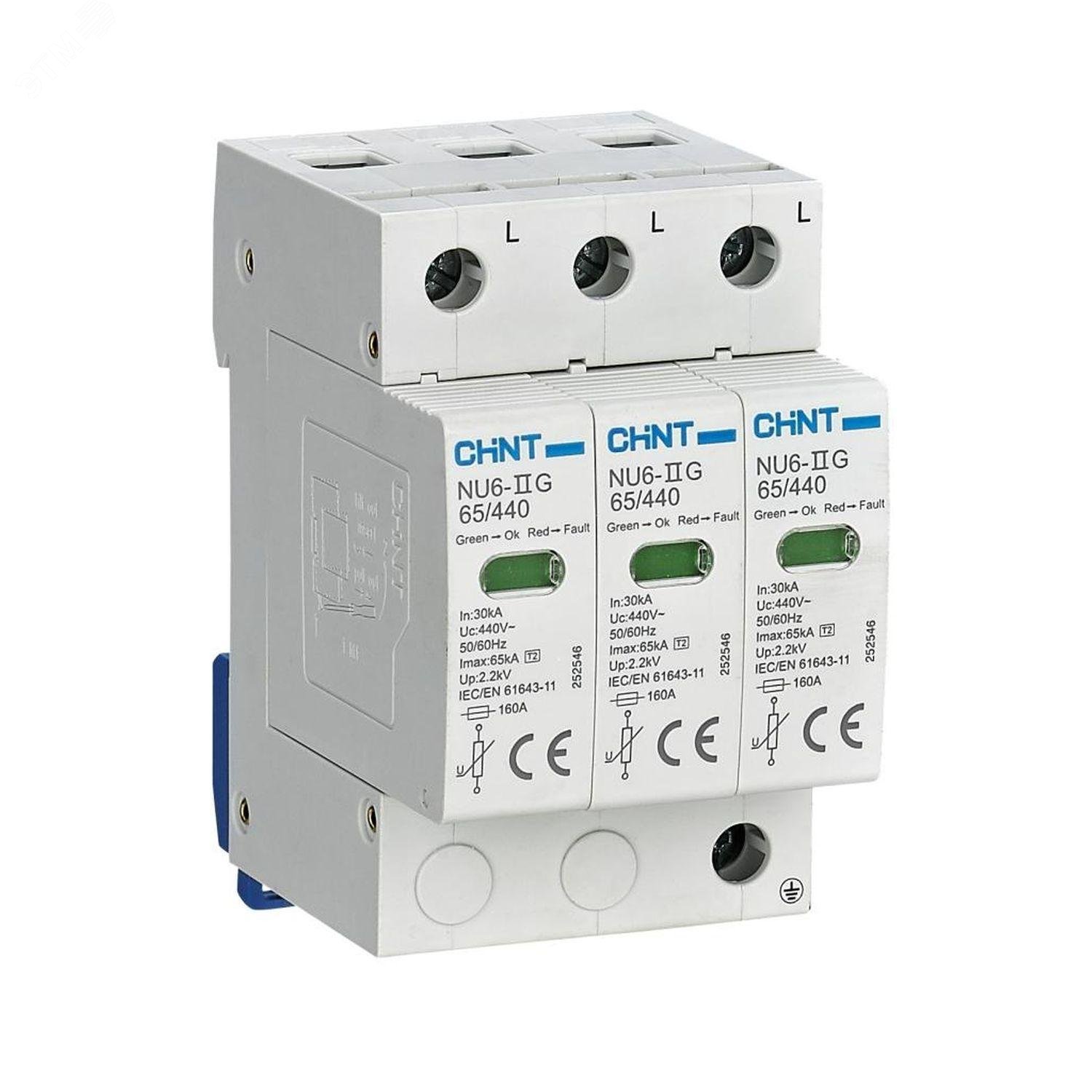 Изображение товара Ограничитель импульсных перенапряжений NU6-IIG 3P 440В 65кА CHINT