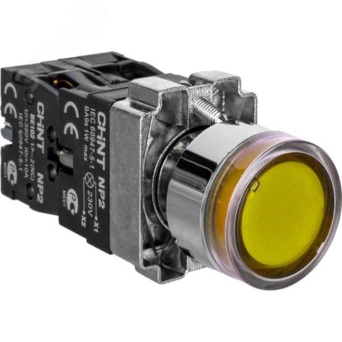 Изображение товара Кнопка управления NP2-BW3565 плоская, желтая, 1НО+1НЗ, AC/DC230В (LED), IP40 (R) (шт)