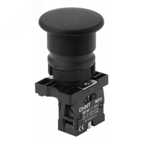 Изображение товара Кнопка управления Грибок ?40мм с самовозвратом NP2-EC22 без подсветки черная 1НЗ, IP40 (R) (шт)