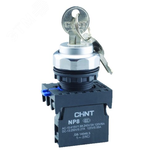 Изображение товара Переключатель ключом NP8-10Y/21, 2 положенияения с самовозвратом, 1НО, IP65 (R) (шт)