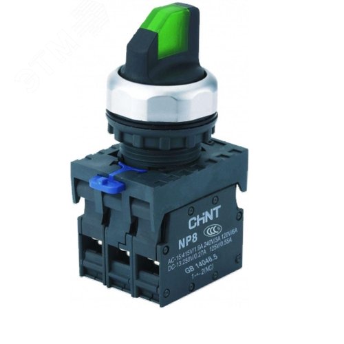 Изображение товара Переключатель с подсветкой NP8-11XD/313, 3 положения, с фиксацией, зеленый, AC110-230В(LED), 1НО+1НЗ, IP65 (R) (шт)