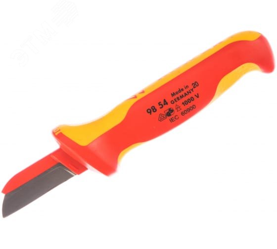 Нож для кабеля VDE 1000V пластиковый обух на лезвии для предупреждения КЗ L-190 мм диэлектрический 2-компонентная рукоятка KN-9854 KNIPEX - превью