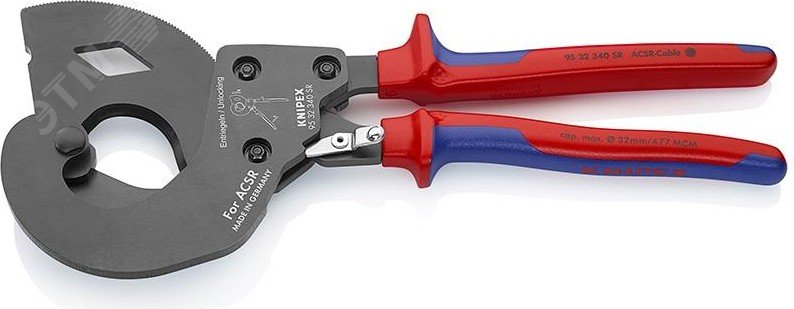 Изображение товара Кабелерез для сталеалюминиевого провода ACSR c храповым механизмом (трещоткой) рез: ACSR кабель 32 мм (MCM 477 1 1/4) L-340 мм чёрный 2-компонентные рукоятки экстремально прочная конструкция (шт)