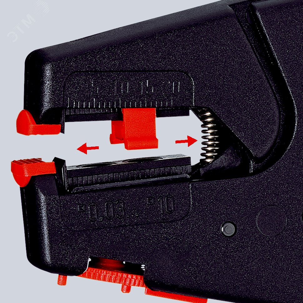 Стриппер самонастраивающийся со сменными ножами зачистка 003-10мм (AWG 32-7) рез кабеля одножильные 6мм многожильные 10мм ограничитель длины 3-18мм L=200мм пластиковые рукоятки KN-1240200 KNIPEX - превью 5