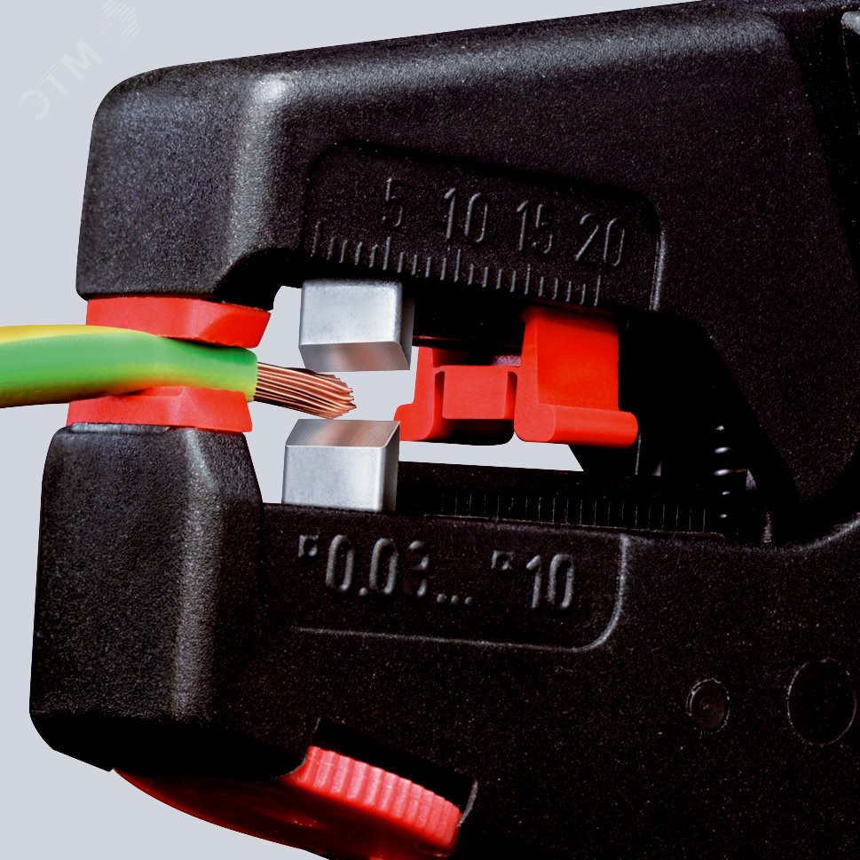 Стриппер самонастраивающийся со сменными ножами зачистка 003-10мм (AWG 32-7) рез кабеля одножильные 6мм многожильные 10мм ограничитель длины 3-18мм L=200мм пластиковые рукоятки KN-1240200 KNIPEX - превью 7