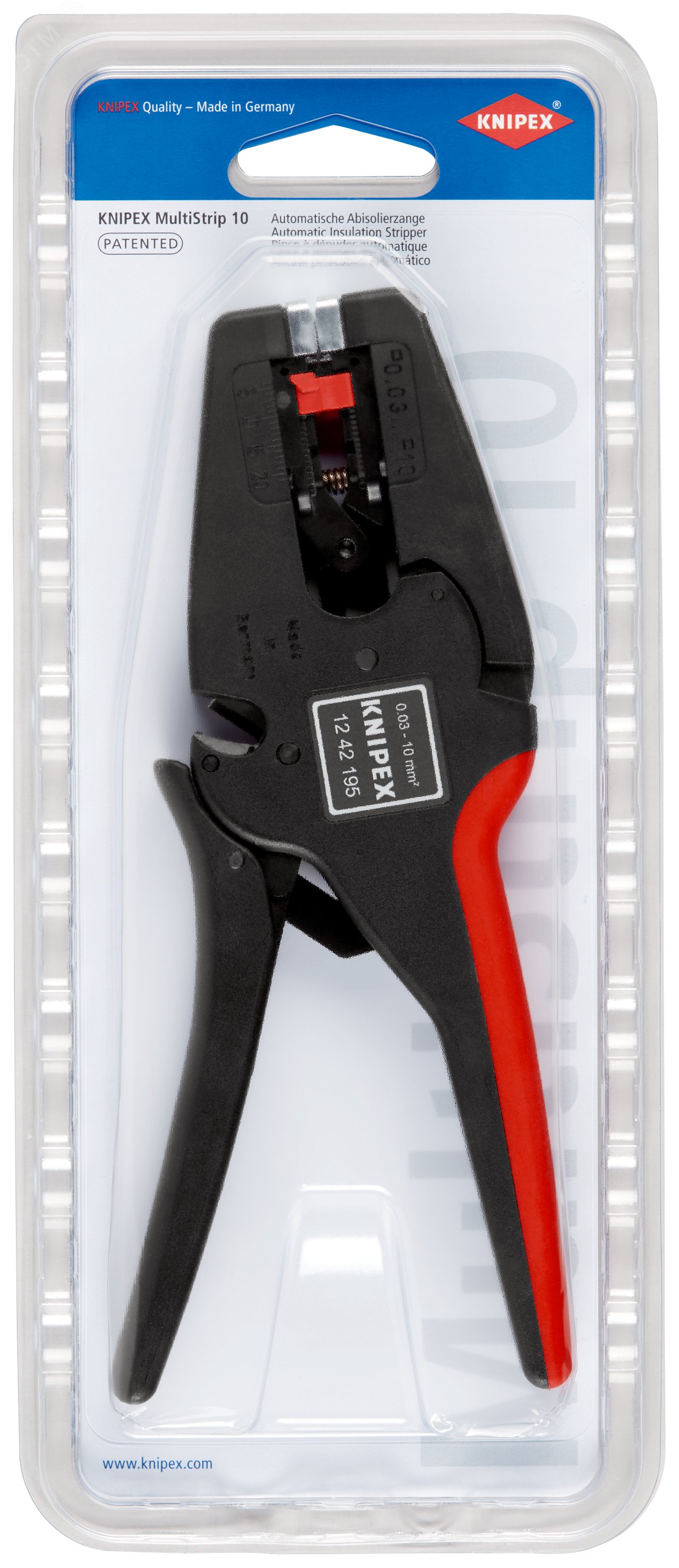 Стриппер автоматический MulTiSTrip 10 зачистка 003-10мм (AWG 32-7) рез кабеля одножильные 6мм многожильные 10мм L=195мм рукоятки с зоной мягкого пластика для надежного хвата блистер KN-1242195SB KNIPEX - превью 5