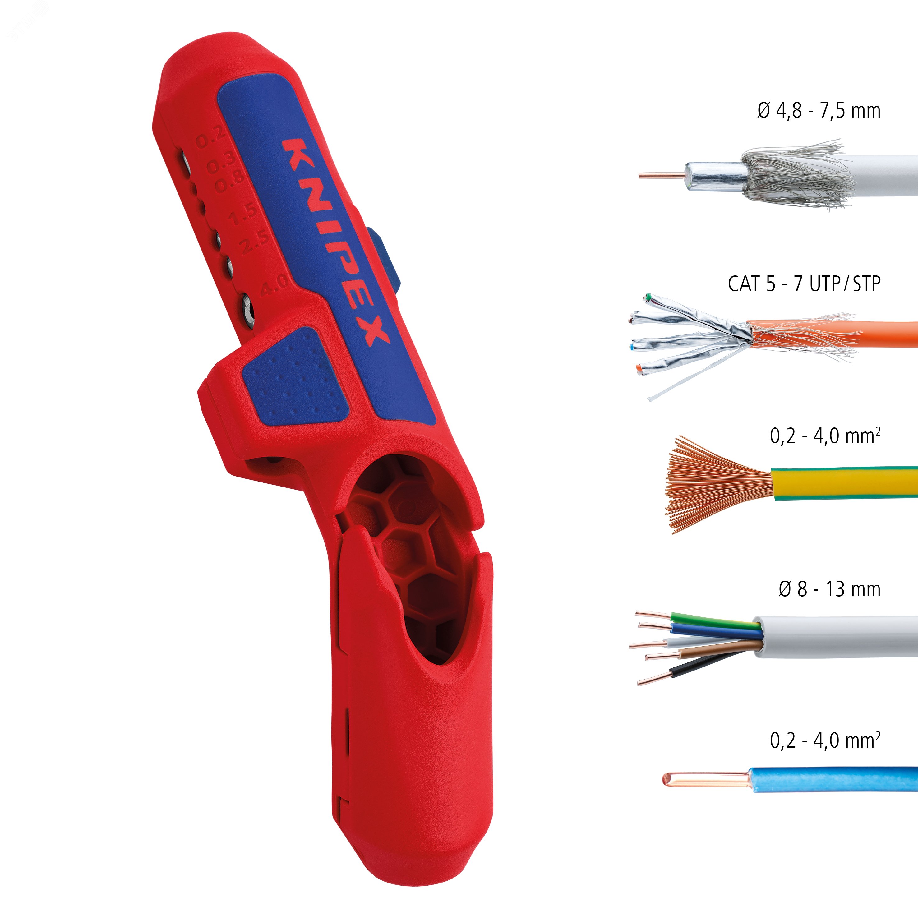 ErgoSTrip стриппер универсальный для популярных круглых проводов проводов для сырых помещений зачистка: 02/03/08/15/25/4 мм круглый кабель (в тч для сырых помещений) 8-13 мм (в частности NYM 3х15 мм - 5х25 мм) дата-кабель CAT 5-7 витая пара UTP/ KN-169501SB KNIPEX - превью 6