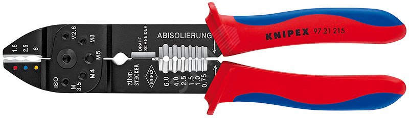 Пресс-клещи для резки и зачистки кабеля опрессовки кабельных наконечников и штекеров 3 гнезда обжим кабельных наконечников с изолятором и кабельных соединителей: 05-60 мм (AWG 20 - 10) j рез медных и латунных шпилек: М26 3 35 4 и 5 L-230 мм чёрные 2-компо