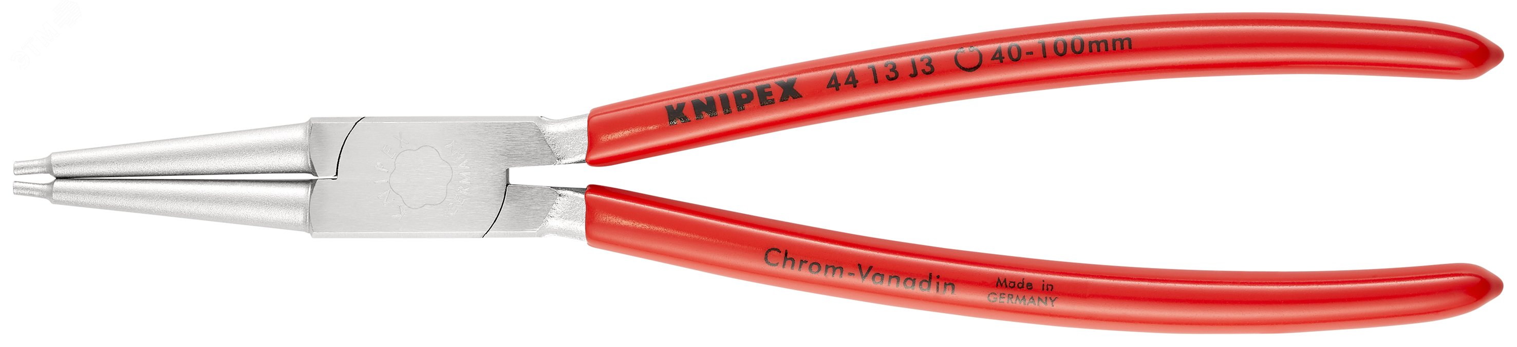 Щипцы для внутренних стопорных колец прямые губки посадочный размер 40-100мм диаметр наконечников 23мм L=225мм Cr-V хромированные обливные рукоятки KN-4413J3 KNIPEX - превью 3