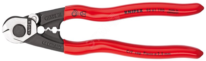 Тросорез компактный рез: кабель 7 мм проволочный трос 5 мм проволока средней твёрдости 4 мм рояльная струна (42 HRC) 25 мм L-190 мм зоны для обжимки концевых гильз на боуденовские и тяговые тросы чёрный обливные рукоятки блистер KN-9561190SB KNIPEX - превью