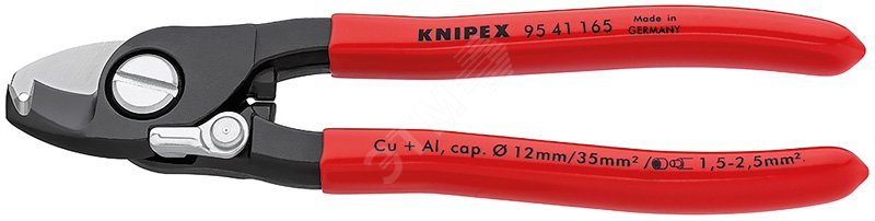 Кабелерез-стриппер многофункциональный для NYM кабелей от 3х15 до 5х25мм с пружиной рез кабель 15мм (50мм AWG 1/0) снятие изоляции 15+25мм L=165мм черный обливные рукоятки KN-9541165 KNIPEX - превью