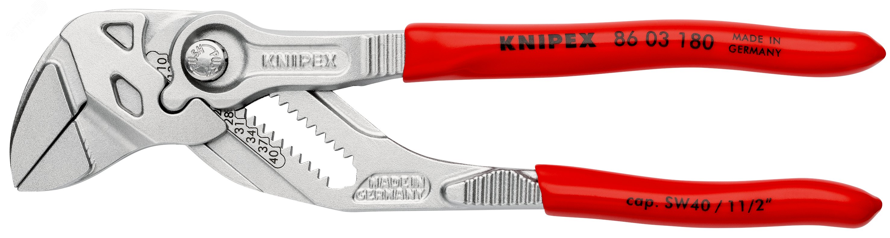 Клещи переставныеавные - гаечный ключ 40 мм (1 1/2) L-180 мм Cr-V хромированные обливные рукоятки блистер KN-8603180SB KNIPEX - превью 4