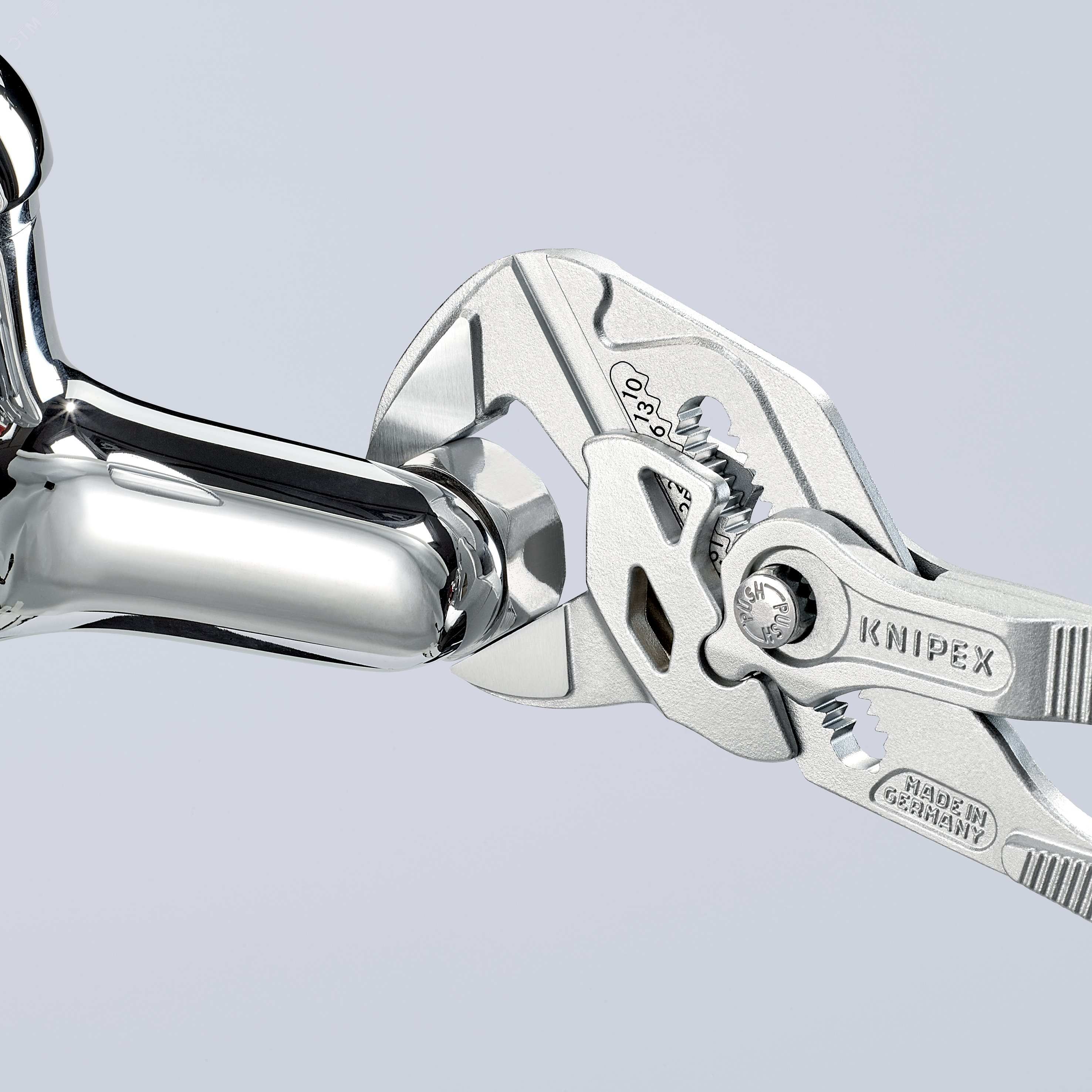 Клещи переставныеавные - гаечный ключ 40 мм (1 1/2) L-180 мм Cr-V хромированные обливные рукоятки блистер KN-8603180SB KNIPEX - превью 9