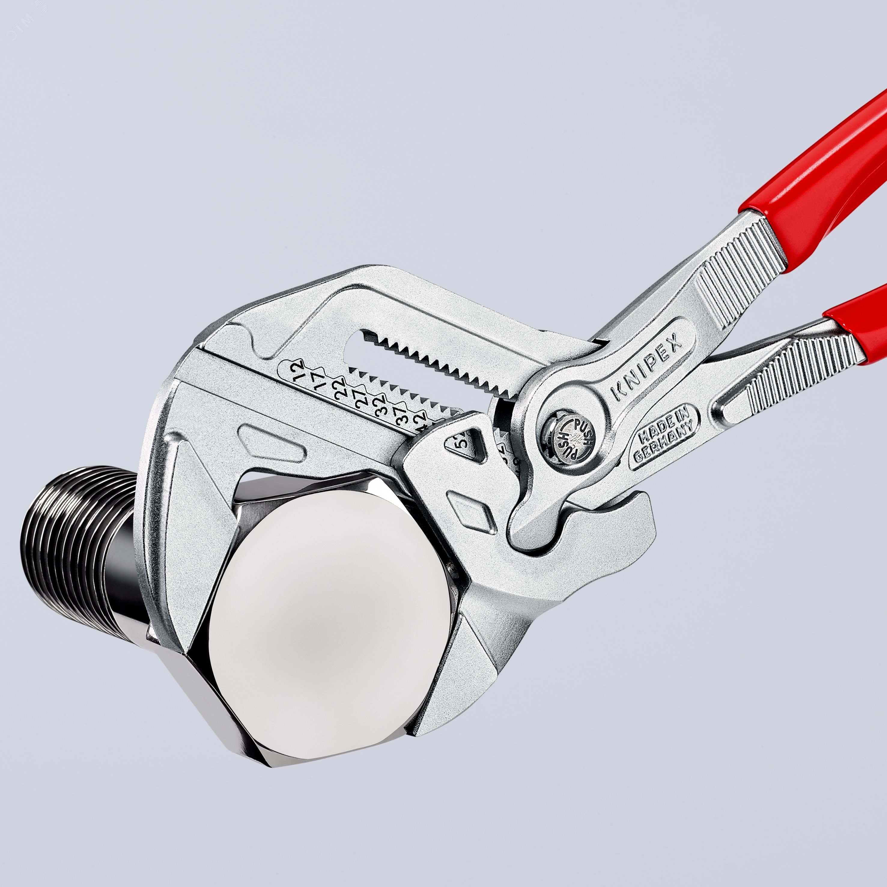 Клещи переставныеавные - гаечный ключ 60 мм (2 3/8) L-300 мм Cr-V хромированные обливные рукоятки блистер KN-8603300SB KNIPEX - превью 5