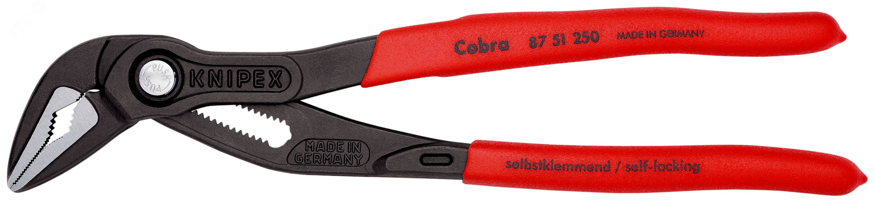 Клещи переставные COBRA сантехнические с фиксатором 32 мм (1 1/4) под ключ 34 мм L-250 мм Cr-V серые обливные рукоятки блистер KN-8751250SB KNIPEX - превью 4