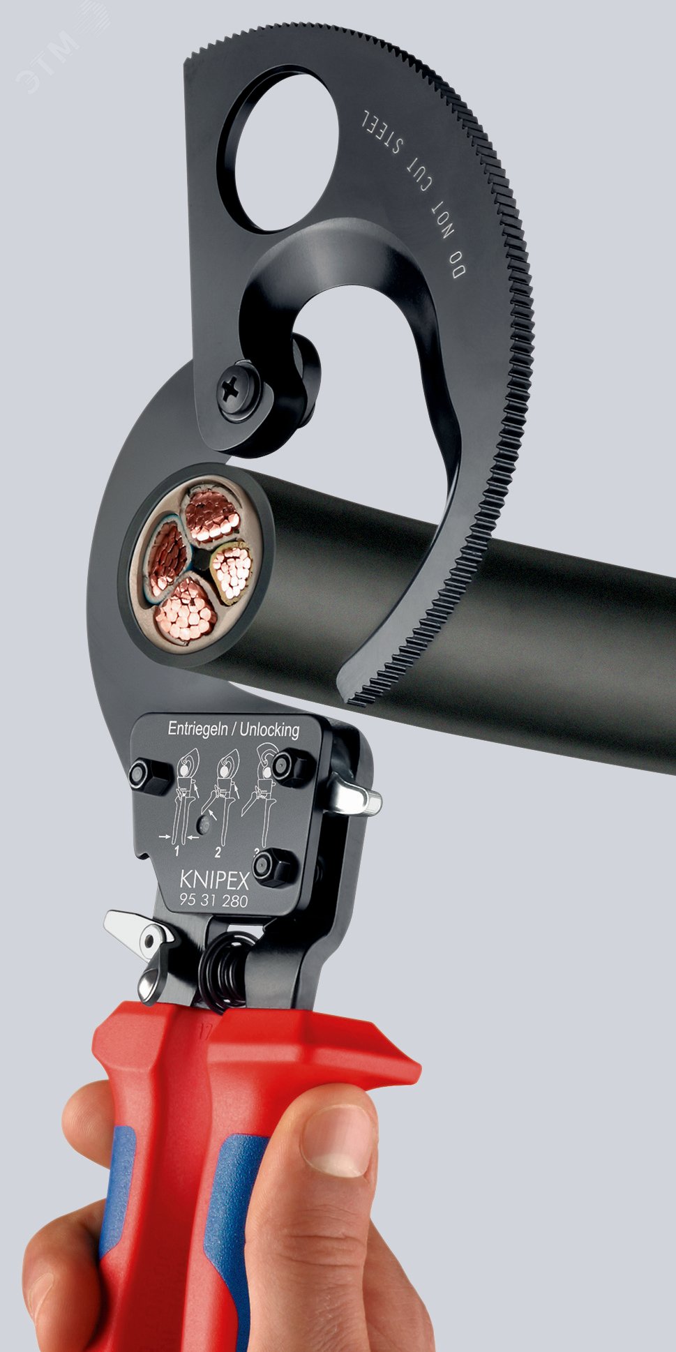 Кабелерезка - с храповым механизмом (трещоткой) резка - кабель 52мм (380мм MCM 750) алюминиевый секторный кабель до 4х150мм L=250мм черный 2-компонентные рукоятки KN-9531280 KNIPEX - превью 4