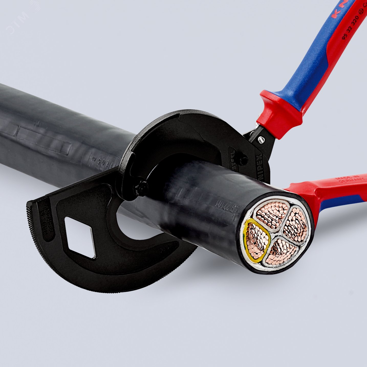 Кабелерезка - с храповым механизмом (трещоткой) трехходовой зубчатый привод резка - кабель 60мм (600мм MCM 1200) L=320мм черный 2-компонентные рукоятки KN-9532320 KNIPEX - превью 5