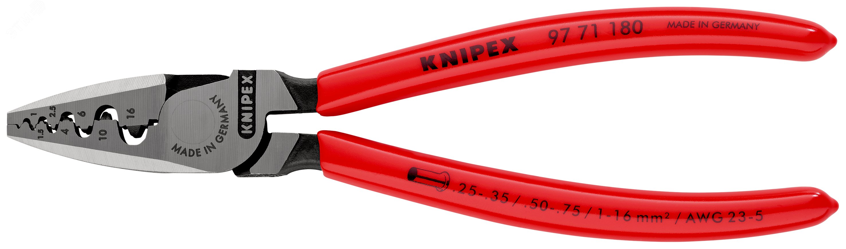 Пресс-клещи для обжима контактных гильз 9 гнезд 025-160мм (AWG 23-5) L=180мм обливные рукоятки блистер KN-9771180SB KNIPEX - превью 3