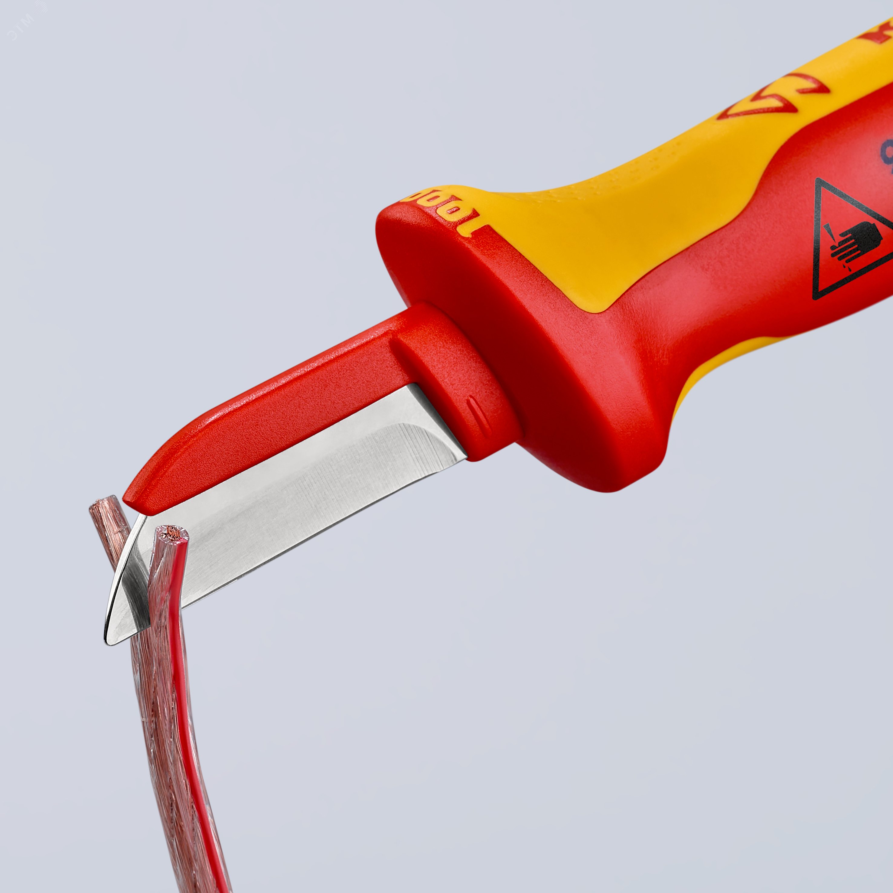 Нож для кабеля VDE 1000V пластиковый обух на лезвии для предупреждения КЗ L-190 мм диэлектрический 2-компонентная рукоятка KN-9854 KNIPEX - превью 5