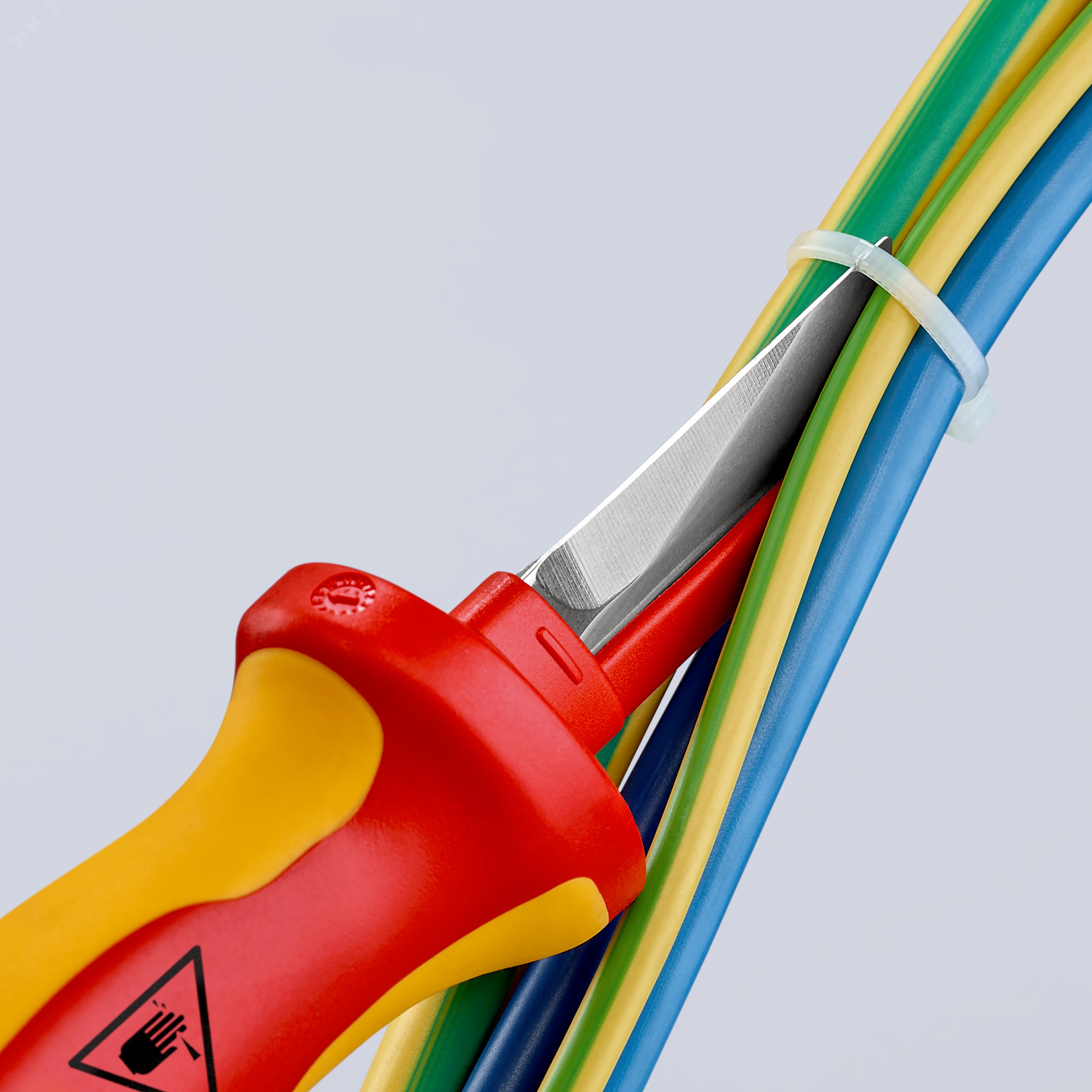 Нож для кабеля VDE 1000V пластиковый обух на лезвии для предупреждения КЗ L-190 мм диэлектрический 2-компонентная рукоятка KN-9854 KNIPEX - превью 6