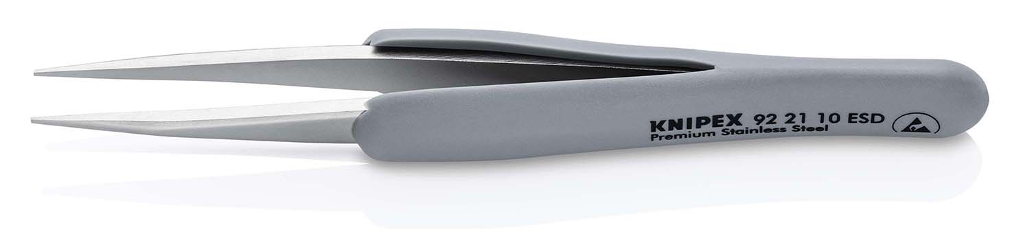 Пинцет ESD антистатический, премиальная нержавеющая сталь, обрезиненная рукоятка, 123 мм, гладкие прямые острые губки, антимагнитный