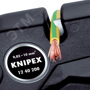 Стриппер самонастраивающийся со сменными ножами зачистка 003-10мм (AWG 32-7) рез кабеля одножильные 6мм многожильные 10мм ограничитель длины 3-18мм L=200мм пластиковые рукоятки KN-1240200 KNIPEX - 6