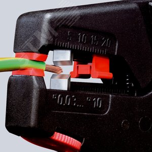 Стриппер самонастраивающийся со сменными ножами зачистка 003-10мм (AWG 32-7) резка - кабеля одножильные 6мм многожильные 10мм ограничитель длины 3-18мм L=200мм пластиковые рукоятки блистер KN-1240200SB KNIPEX - 7
