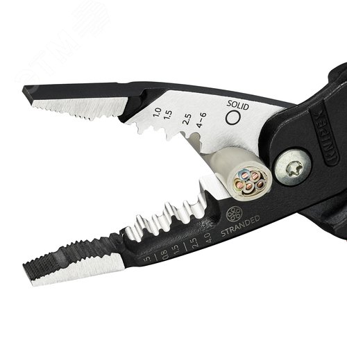 Клещи электромонтажные, 5 в 1, зачистка 0.75 – 4 / 6 мм2, рез d 15 мм / 50 мм2, 200 мм, фосфатированные, обливные ручки - фото 6