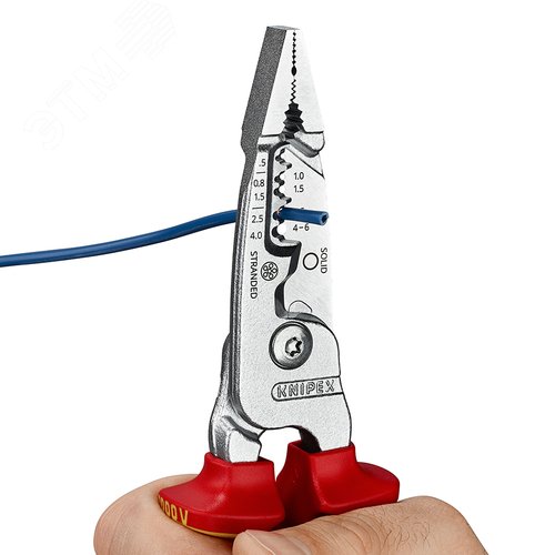 Клещи электромонтажные, 5 в 1, зачистка 0.75 – 4 / 6 мм2, рез d 15 мм / 50 мм2, 200 мм, хромированные, 2-компонентные диэлектрические ручки, SB - фото 5