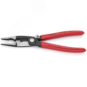 Клещи электромонтажные 6-в-1 захват плоского и круглого материала гибка удаление заусенцев снятие изоляции 075 - 15 + 25 мм обжимка контактных гильз 05 - 25 мм кабелерез 15 мм (5x25 мм) L-200 мм защёлка-собачка чёрные обливные рукоятки - фото 3