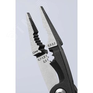 Клещи электромонтажные 6-в-1 захват плоского и круглого материала гибка удаление заусенцев снятие изоляции 075 - 15 + 25 мм обжимка контактных гильз 05 - 25 мм кабелерез 15 мм (5x25 мм) L-200 мм защёлка-собачка чёрные обливные рукоятки - фото 11