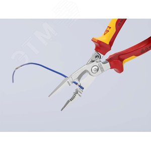 Клещи электромонтажные VDE 1000V 6-в-1 захват плоского и круглого материала гибка удаление заусенцев снятие изоляции 075 - 15 + 25 мм обжимка контактных гильз 05 - 25 мм кабелерез 15 мм (5x25 мм) L-200 мм диэлектрические защёлка-собачка хромированные 2-ко - фото 9