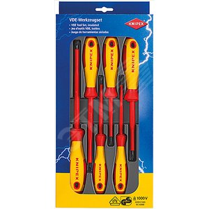Изображение товара Набор отвёрток VDE 1000V, 6 предметов, комлектация: 9820xx SL3/4/5.5/6.5 шлицевые, PH1/2 крестовые, диэлектрические, (шт)