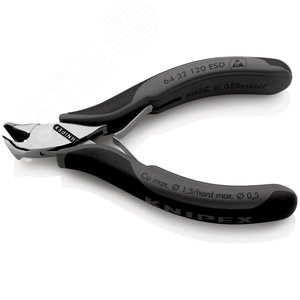 Кусачки торцевые ESD для электроники антистатические режущие кромки с маленькой фаской под 15° с пружиной рез: мягкая проволока 15 мм проволока средней твёрдости 1 мм твёрдая проволока 05 мм L-120 мм зеркальная полировка двукомпонентные рукоятки - фото 2