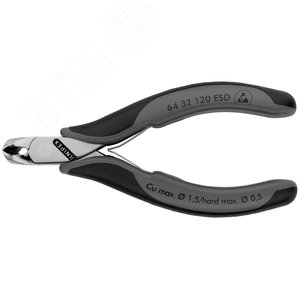 Кусачки торцевые ESD для электроники антистатические режущие кромки с маленькой фаской под 15° с пружиной рез: мягкая проволока 15 мм проволока средней твёрдости 1 мм твёрдая проволока 05 мм L-120 мм зеркальная полировка двукомпонентные рукоятки - фото 3