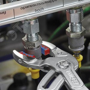 Клещи переставные трубные захватные 10 - 75 мм для сифонов масляных фильтров пластмассовых труб и соединителей L-250 мм пластиковые насадки на губках Cr-V хромированные блистер - фото 11