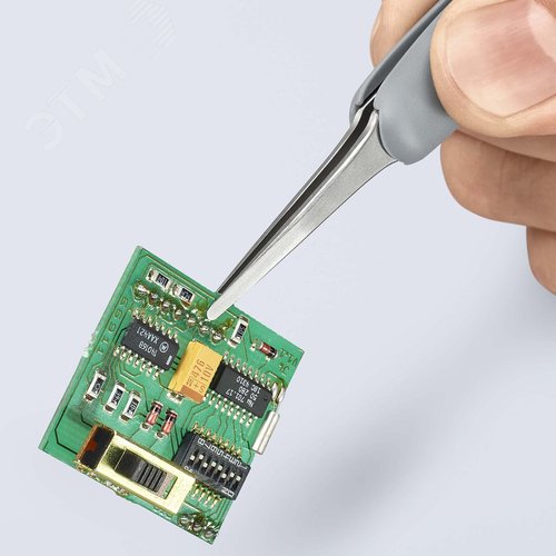 Пинцет ESD антистатический, премиальная нержавеющая сталь, обрезиненная рукоятка, 123 мм, гладкие прямые тупые губки, антимагнитный - фото 2