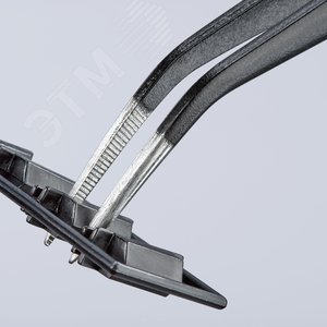 Пинцет захватный прецизионный с направляющим штифтом тонкие зазубренные губки под 45° L-155 мм пружинная сталь чёрная матовая лакировка - фото 5